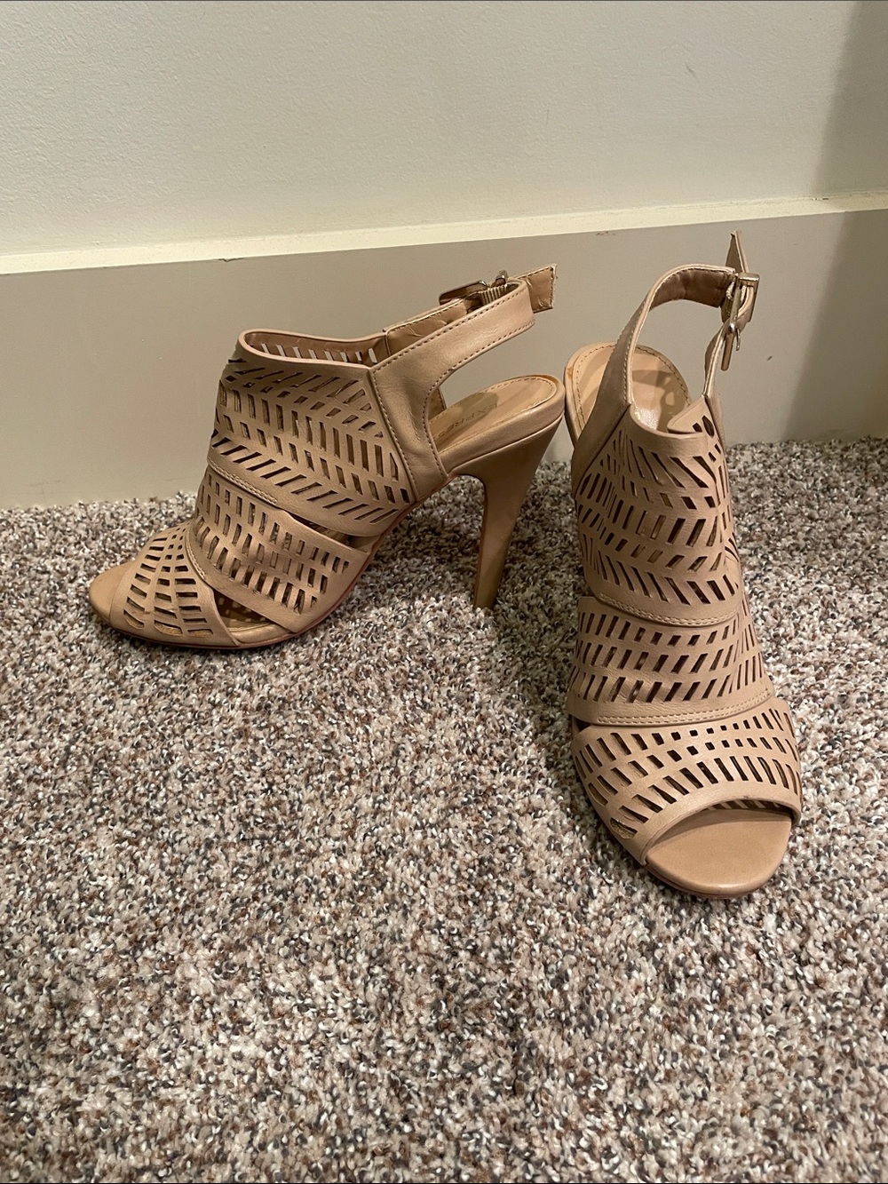 Express Nude/Tan Laser-Cut Peep Toe Ankle Strap Stiletto Heels